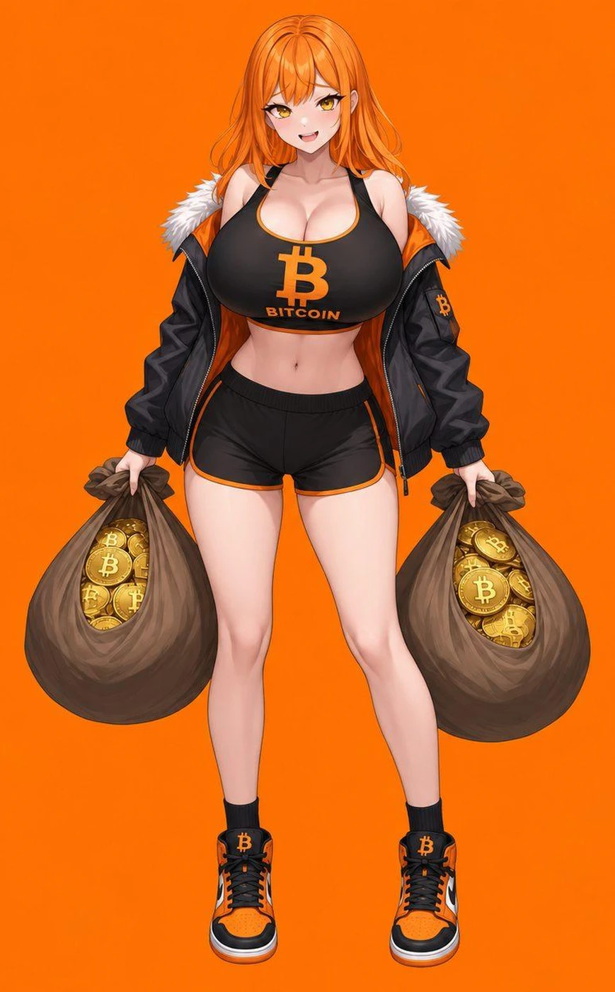 Cute Crypto Carrot holding two bags of bitcoin